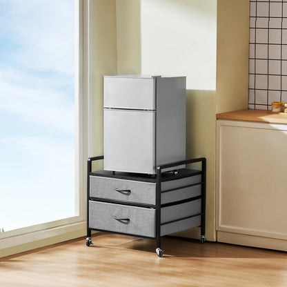 Mini Fridge Stand with Storage, 176 lb-Capacity Mini Fridge Table with 2 Drawers & 4 Swivel Wheels, Mobile Mini Fridge Shelf, Gray Mini Fridge Organizer for Dorm, Apartment, Office, Bedroom