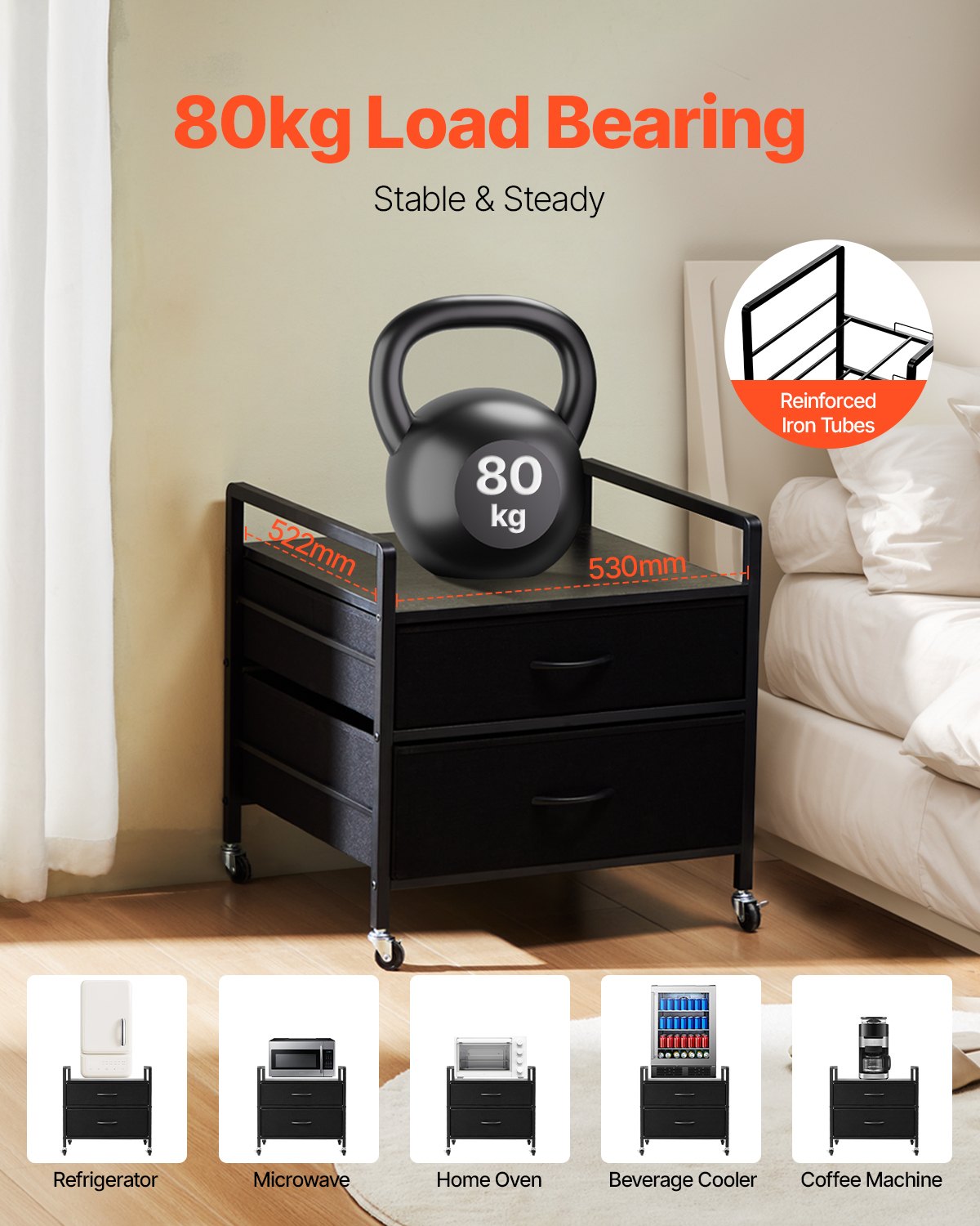 Mini Fridge Stand with Storage, 176 lb-Capacity Mini Fridge Table with 2 Drawers & 4 Swivel Wheels, Mobile Mini Fridge Shelf, Black Mini Fridge Organizer for Dorm, Apartment, Office, Bedroom