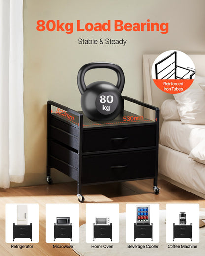 Mini Fridge Stand with Storage, 176 lb-Capacity Mini Fridge Table with 2 Drawers & 4 Swivel Wheels, Mobile Mini Fridge Shelf, Black Mini Fridge Organizer for Dorm, Apartment, Office, Bedroom