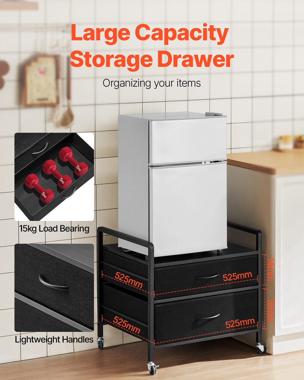 Mini Fridge Stand with Storage, 176 lb-Capacity Mini Fridge Table with 2 Drawers & 4 Swivel Wheels, Mobile Mini Fridge Shelf, Black Mini Fridge Organizer for Dorm, Apartment, Office, Bedroom