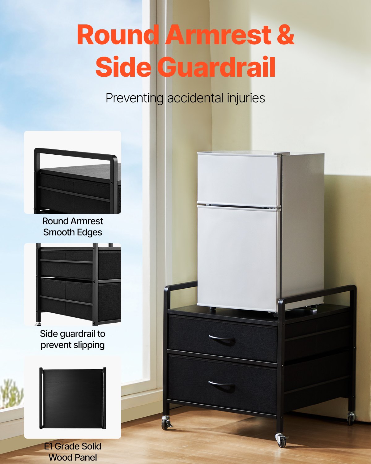 Mini Fridge Stand with Storage, 176 lb-Capacity Mini Fridge Table with 2 Drawers & 4 Swivel Wheels, Mobile Mini Fridge Shelf, Black Mini Fridge Organizer for Dorm, Apartment, Office, Bedroom