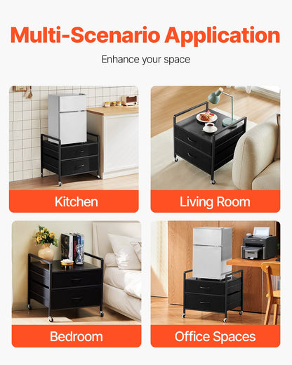 Mini Fridge Stand with Storage, 176 lb-Capacity Mini Fridge Table with 2 Drawers & 4 Swivel Wheels, Mobile Mini Fridge Shelf, Black Mini Fridge Organizer for Dorm, Apartment, Office, Bedroom