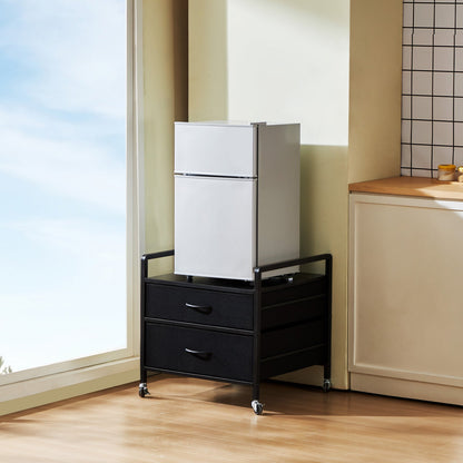 Mini Fridge Stand with Storage, 176 lb-Capacity Mini Fridge Table with 2 Drawers & 4 Swivel Wheels, Mobile Mini Fridge Shelf, Black Mini Fridge Organizer for Dorm, Apartment, Office, Bedroom