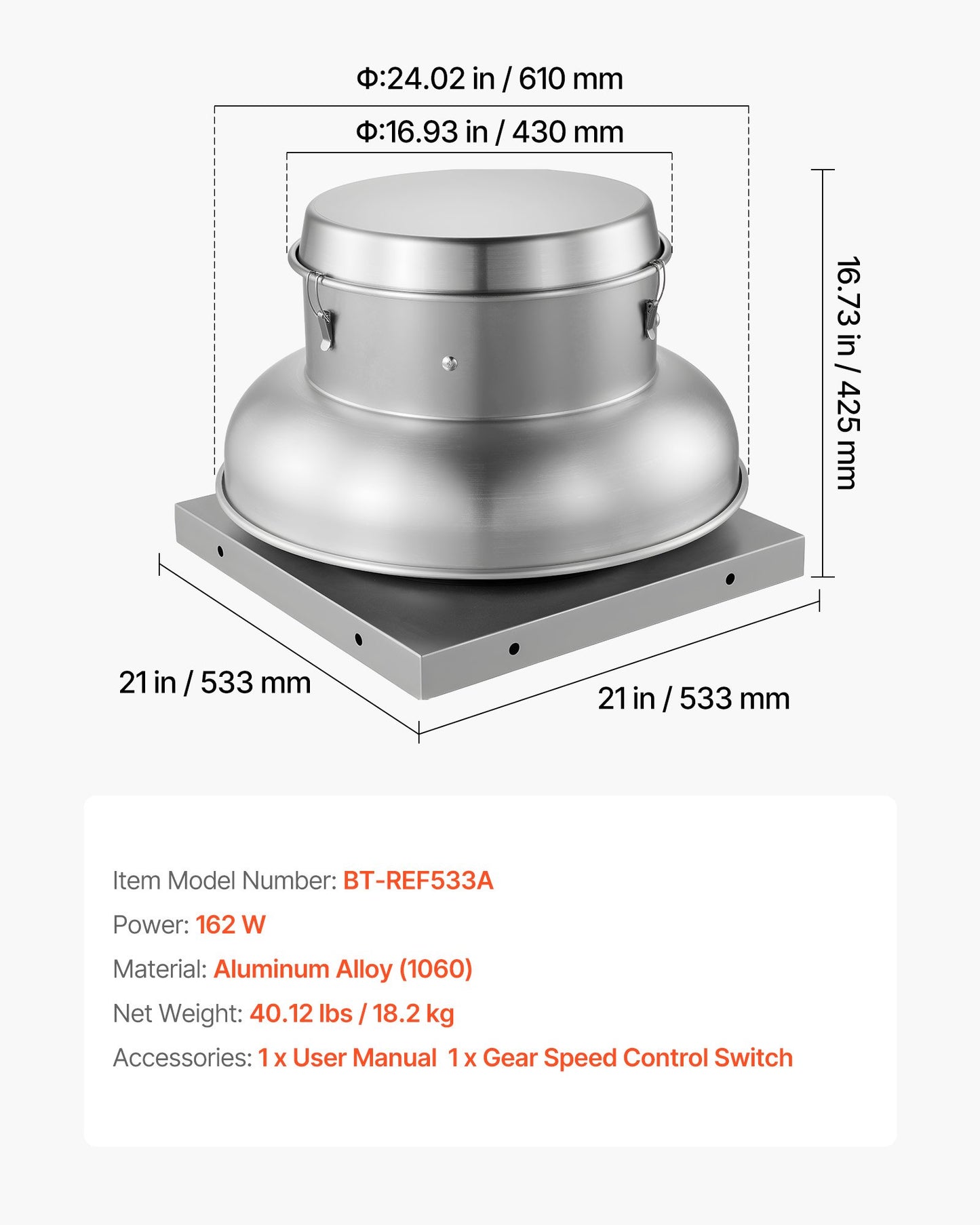 Roof Exhaust Fan, Attic Vent Fan with High-Power Motor, 21 inch Fan Base Heavy-Duty Aluminum Alloy, Speed Control Adjustable Airflow 500/900 CFM, Compact for Garage,Kitchen,Bathroom, Silver