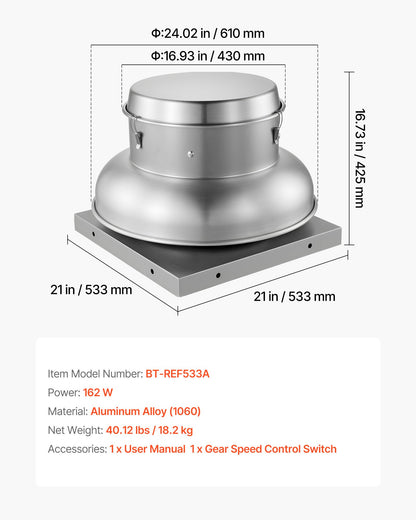 Roof Exhaust Fan, Attic Vent Fan with High-Power Motor, 21 inch Fan Base Heavy-Duty Aluminum Alloy, Speed Control Adjustable Airflow 500/900 CFM, Compact for Garage,Kitchen,Bathroom, Silver