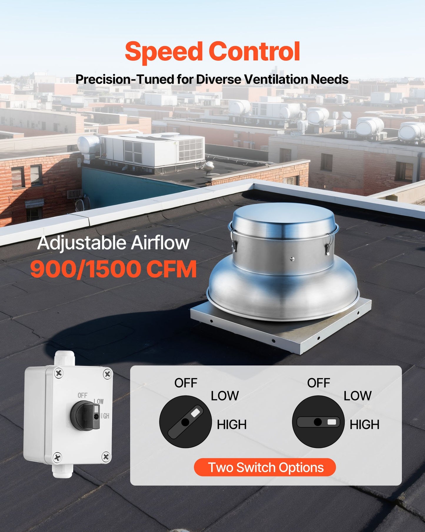 Roof Exhaust Fan, Attic Vent Fan with High-Power Motor, 21 inch Fan Base Heavy-Duty Aluminum Alloy, Speed Control Adjustable Airflow 900/1500 CFM, Compact for Garage,Kitchen,Bathroom, Silver