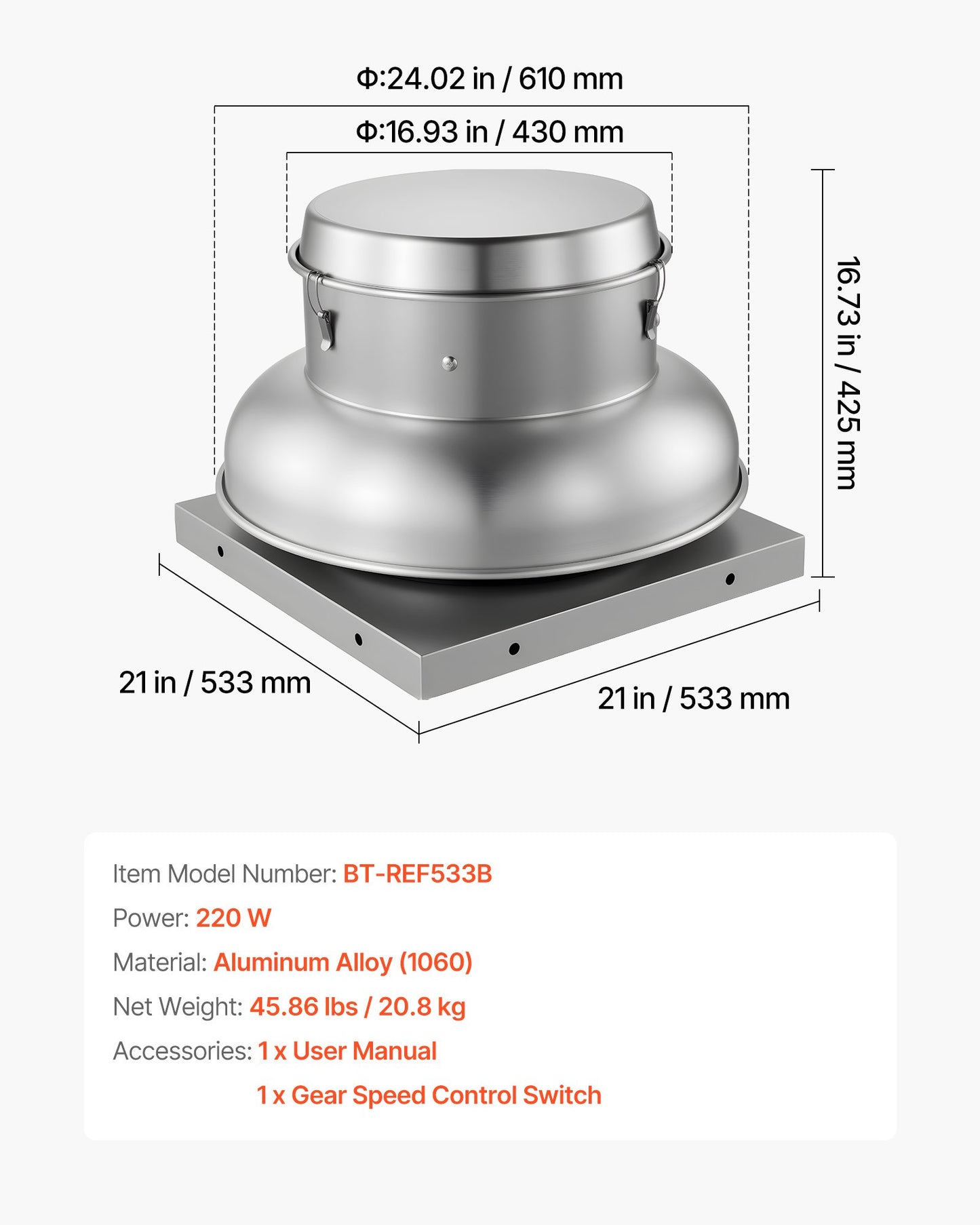 Roof Exhaust Fan, Attic Vent Fan with High-Power Motor, 21 inch Fan Base Heavy-Duty Aluminum Alloy, Speed Control Adjustable Airflow 900/1500 CFM, Compact for Garage,Kitchen,Bathroom, Silver