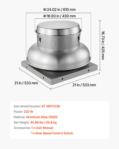 Roof Exhaust Fan, Attic Vent Fan with High-Power Motor, 21 inch Fan Base Heavy-Duty Aluminum Alloy, Speed Control Adjustable Airflow 900/1500 CFM, Compact for Garage,Kitchen,Bathroom, Silver