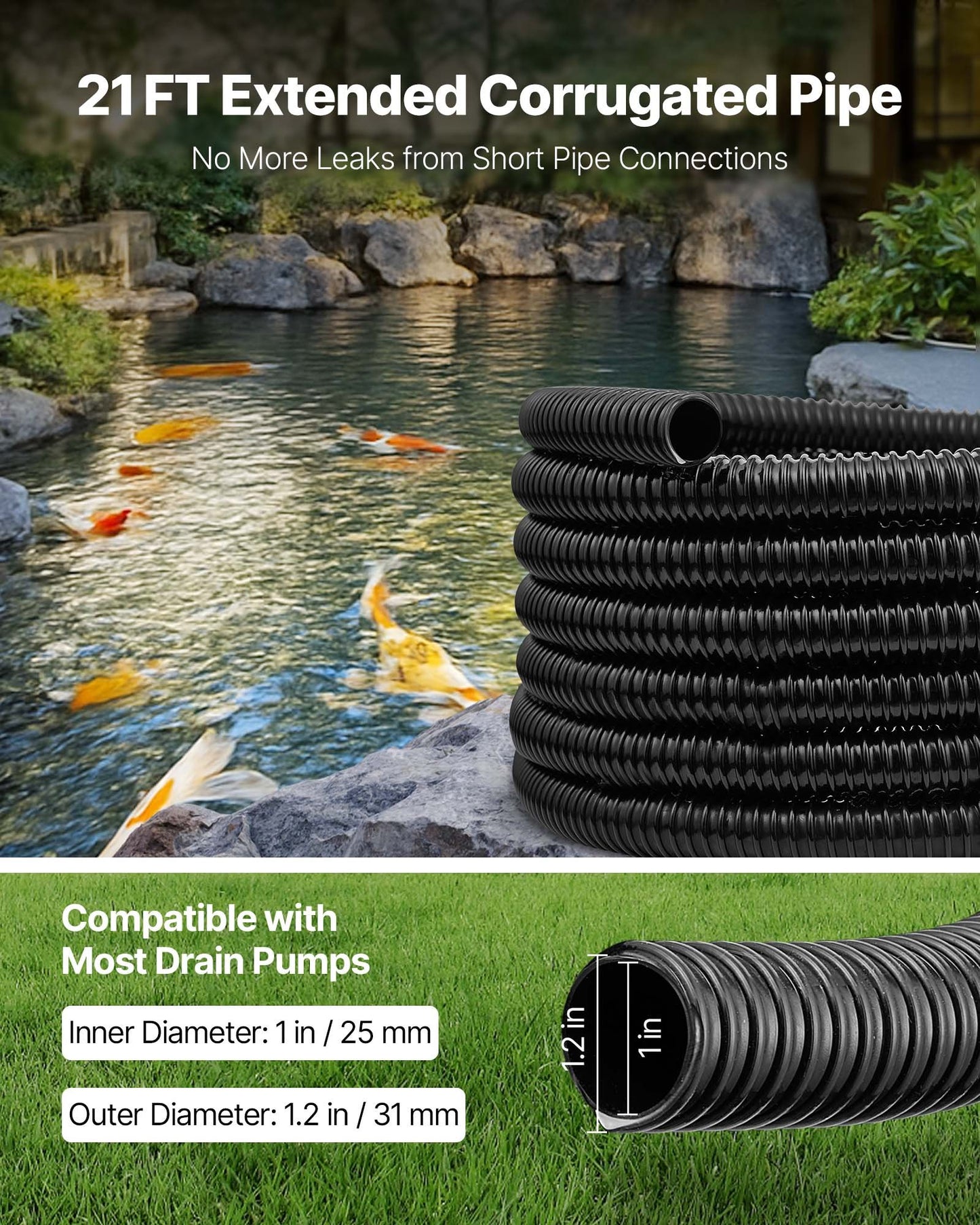 21 ft Corrugated Pond Tubing, 1 inch Inner Diameter, Flexible PVC Hose, Black Drain Pipe, Plastic Corrugated Water Tubing for Pond, Pump, Fountain, Garden, Swimming Pools, Filters, (1 pcs)