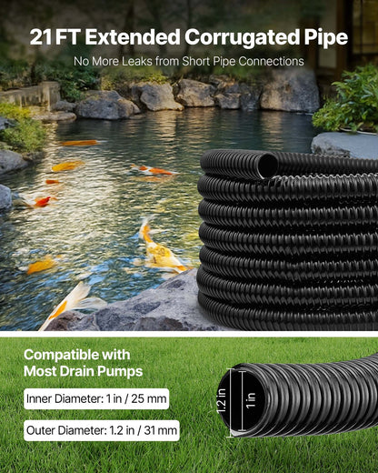 21 ft Corrugated Pond Tubing, 1 inch Inner Diameter, Flexible PVC Hose, Black Drain Pipe, Plastic Corrugated Water Tubing for Pond, Pump, Fountain, Garden, Swimming Pools, Filters, (1 pcs)