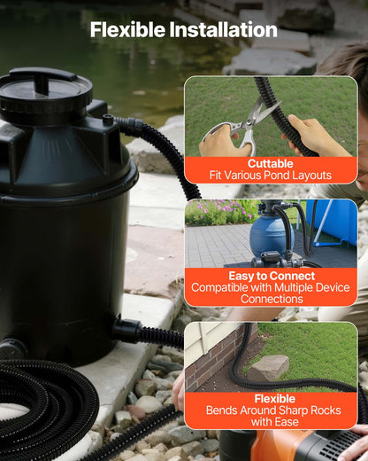 21 ft Corrugated Pond Tubing, 1 inch Inner Diameter, Flexible PVC Hose, Black Drain Pipe, Plastic Corrugated Water Tubing for Pond, Pump, Fountain, Garden, Swimming Pools, Filters, (1 pcs)