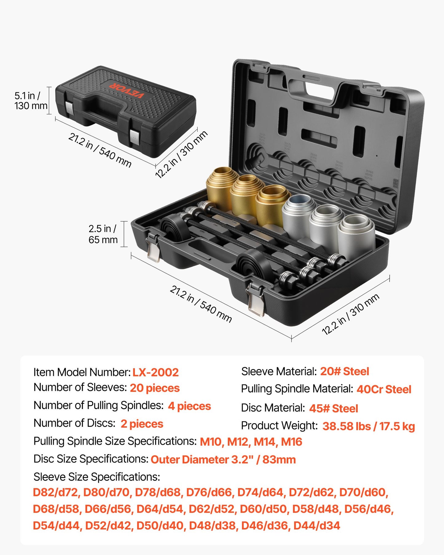 Pull and Press Sleeve Kit, 26 PCS, Steel Bush Removal Insertion Sleeve Tools with Carrying Case, Compatible with LCV and HGV Engines, for Removing and Installing Bushings, Bearings, and Seals