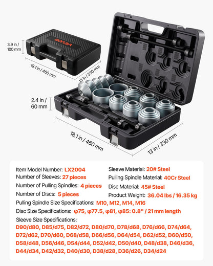 Pull and Press Sleeve Kit, 36 PCS, Steel Bush Removal Insertion Sleeve Tools with Carrying Case, Compatible with LCV and HGV Engines, for Removing and Installing Bushings, Bearings, and Seals