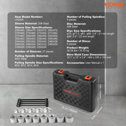 36 PCS Pull and Press Sleeve Kit, Steel Bush Bearing Removal and Installation Set, Bush Removal Insertion Sleeve Tools with Carrying Case, Multi-Vehicle Compatibility for LCV and HGV Engines
