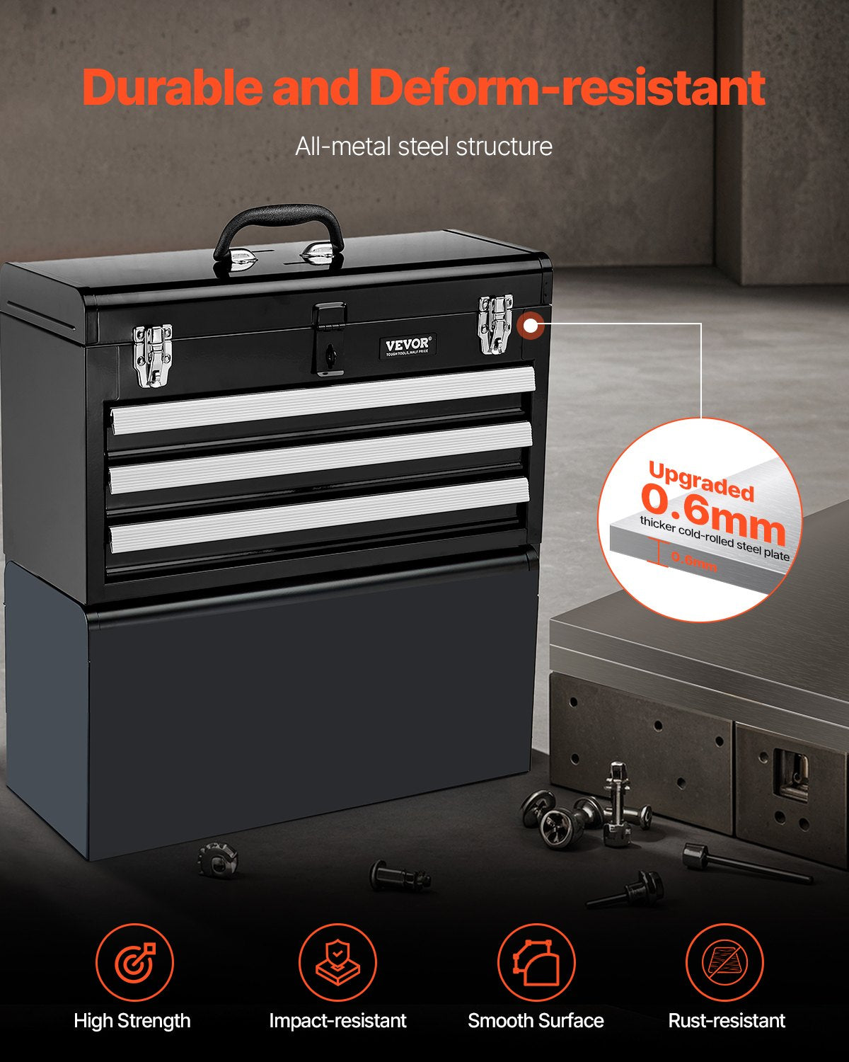 Werkzeugkasten, tragbarer 20,5-Zoll-Werkzeugkasten aus Metall mit 3 Schubladen, Werkzeug-Organizer