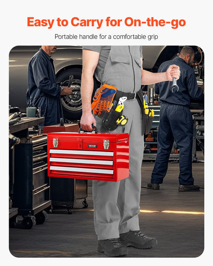Werkzeugkasten, 20,5 Zoll, tragbarer Werkzeugkasten aus Metall, 3 Schubladen, Werkzeug-Organizer, Rot