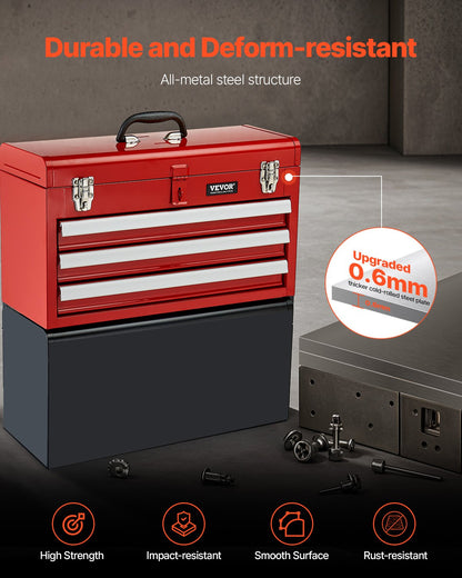 Werkzeugkasten, 20,5 Zoll, tragbarer Werkzeugkasten aus Metall, 3 Schubladen, Werkzeug-Organizer, Rot