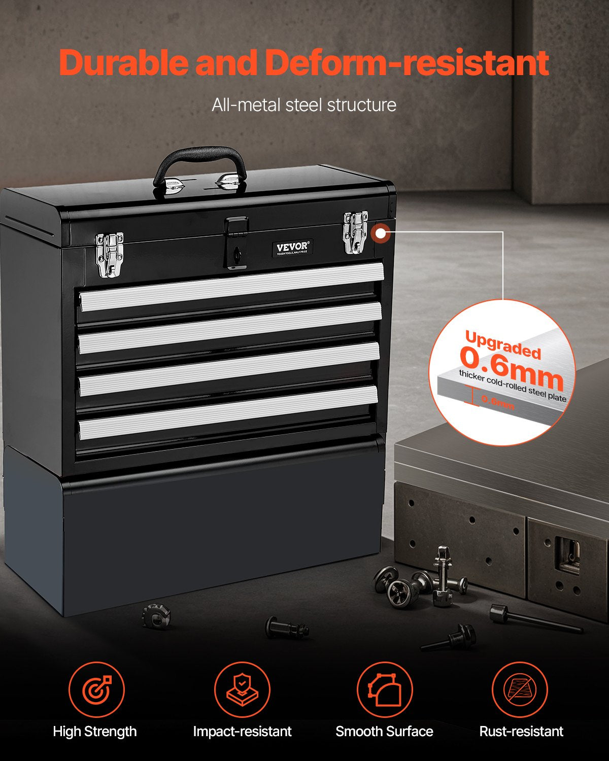 Werkzeugkasten, 20,5 Zoll, tragbarer Werkzeugkasten aus Metall mit 4 Schubladen, Werkzeug-Organizer