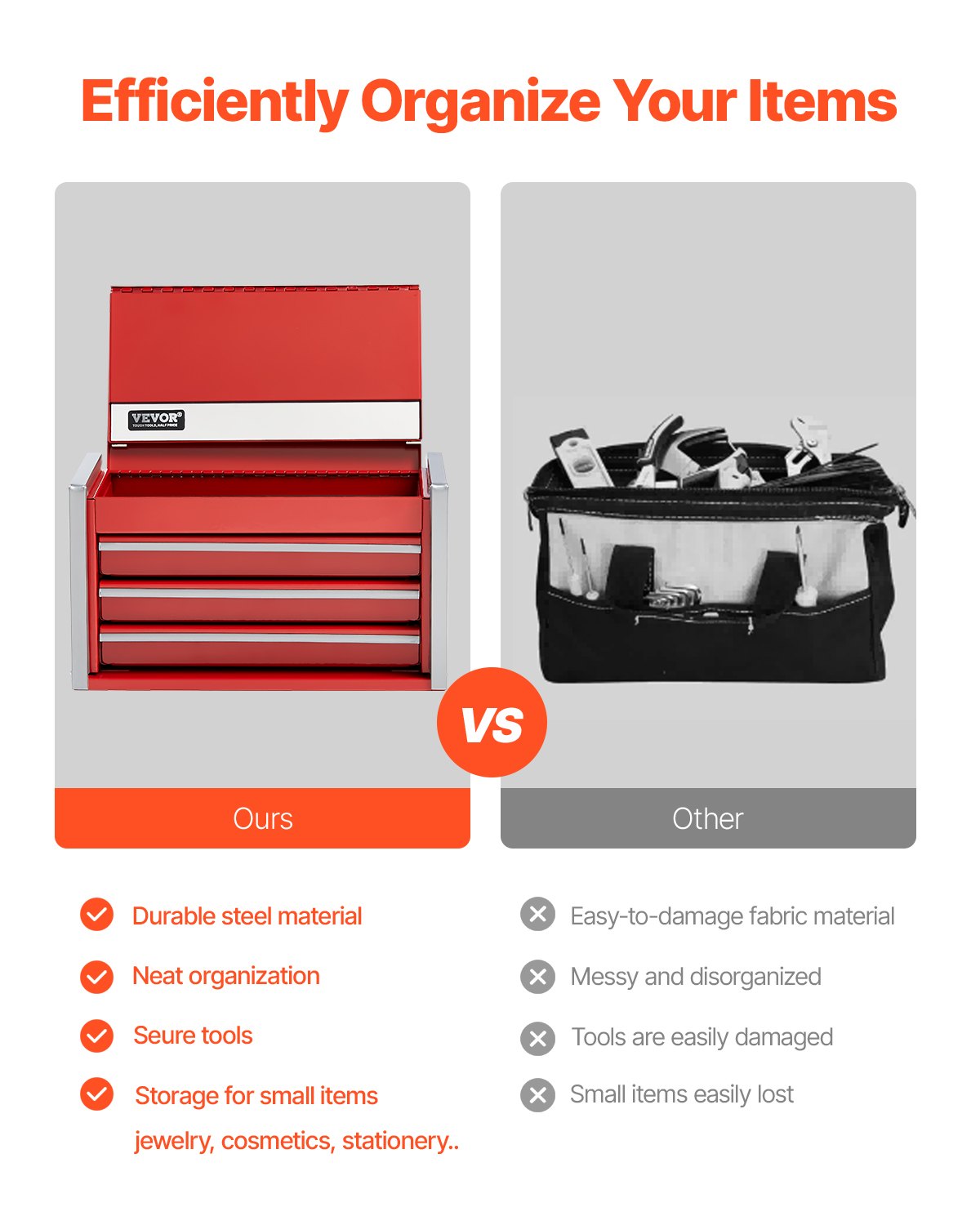Werkzeugkasten, 8,6 Zoll, tragbarer Werkzeugkasten aus Metall, 3 Schubladen, Werkzeug-Organizer, Rot