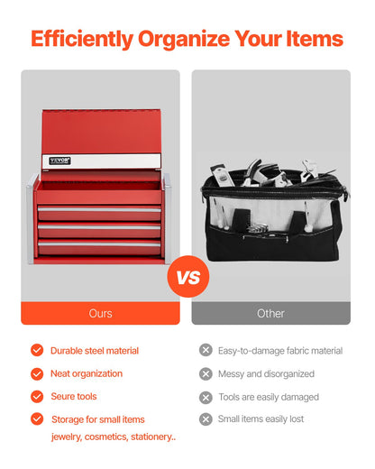 Werkzeugkasten, 8,6 Zoll, tragbarer Werkzeugkasten aus Metall, 3 Schubladen, Werkzeug-Organizer, Rot