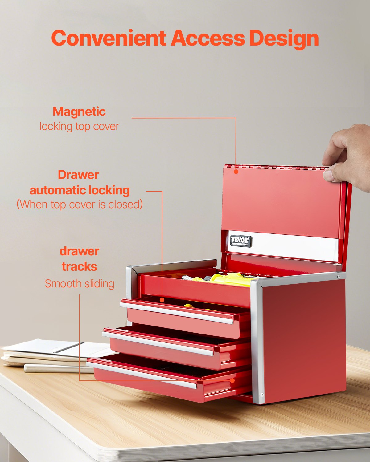 Werkzeugkasten, 8,6 Zoll, tragbarer Werkzeugkasten aus Metall, 3 Schubladen, Werkzeug-Organizer, Rot