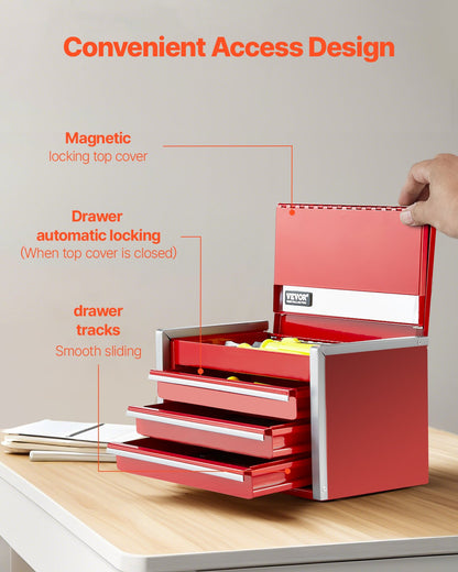 Werkzeugkasten, 8,6 Zoll, tragbarer Werkzeugkasten aus Metall, 3 Schubladen, Werkzeug-Organizer, Rot