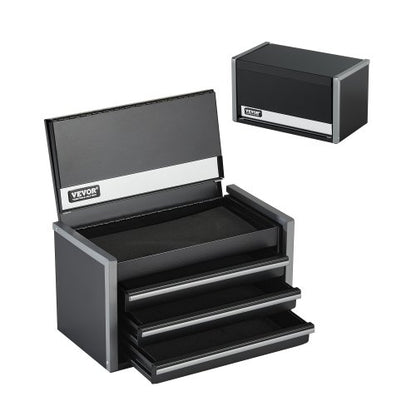 Metal Tool Box, 8.6-inch, Portable Metal Tool Box with 3 Drawers, Small Tool Chest with EVA Liners and PP Feet Pads, Heavy-Duty Steel With Ball Bearing Opening and Powder Coated Finish, Black