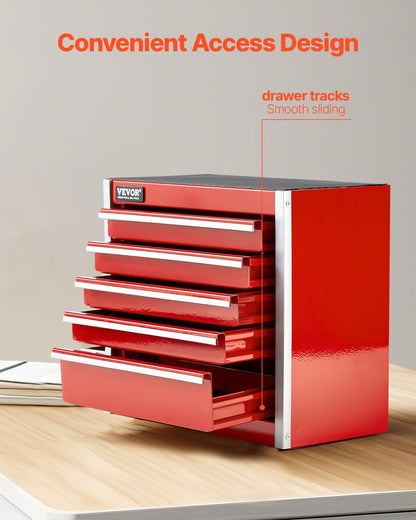 Metal Tool Box, 8.6-inch, Portable Metal Tool Box with 5 Drawers, Small Tool Chest with EVA Liners and PP Feet Pads, Heavy-Duty Steel With Ball Bearing Opening and Powder Coated Finish, Red