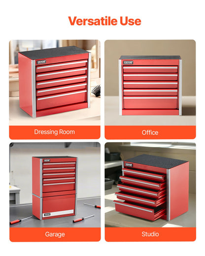 Metal Tool Box, 8.6-inch, Portable Metal Tool Box with 5 Drawers, Small Tool Chest with EVA Liners and PP Feet Pads, Heavy-Duty Steel With Ball Bearing Opening and Powder Coated Finish, Red