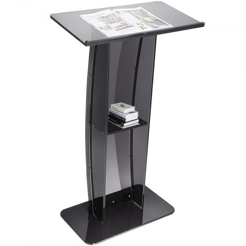 Acrylic Podium, 47" Acrylic Podium Stand with Wide Reading Surface & Storage Shelf, Floor-standing Clear Pulpits Acrylic for Church Office School, Black