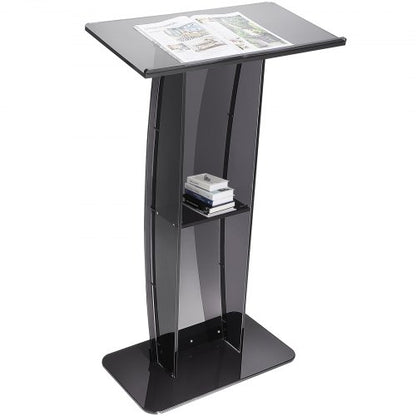 Acrylic Podium, 47" Acrylic Podium Stand with Wide Reading Surface & Storage Shelf, Floor-standing Clear Pulpits Acrylic for Church Office School, Black