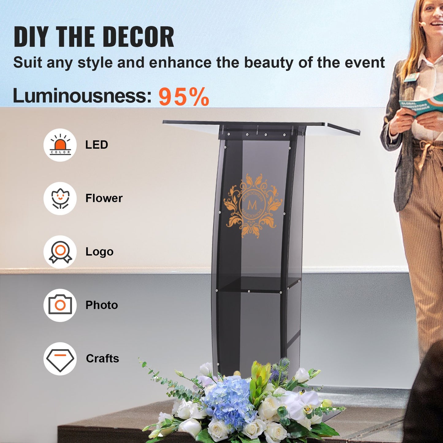 Acryl-Podium, 47" hoch, Acryl-Podiumständer mit breiter Lesefläche und Ablagefläche, bodenstehende, klare Kanzeln aus Acryl für die Kirche, das Büro und die Schule, Schwarz