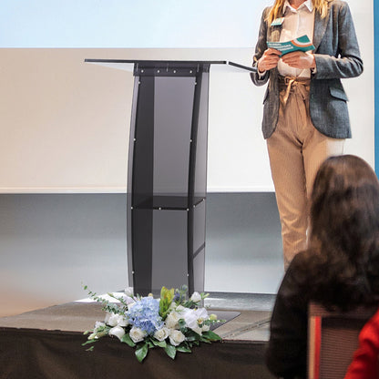 Acrylic Podium, 47" Acrylic Podium Stand with Wide Reading Surface & Storage Shelf, Floor-standing Clear Pulpits Acrylic for Church Office School, Black