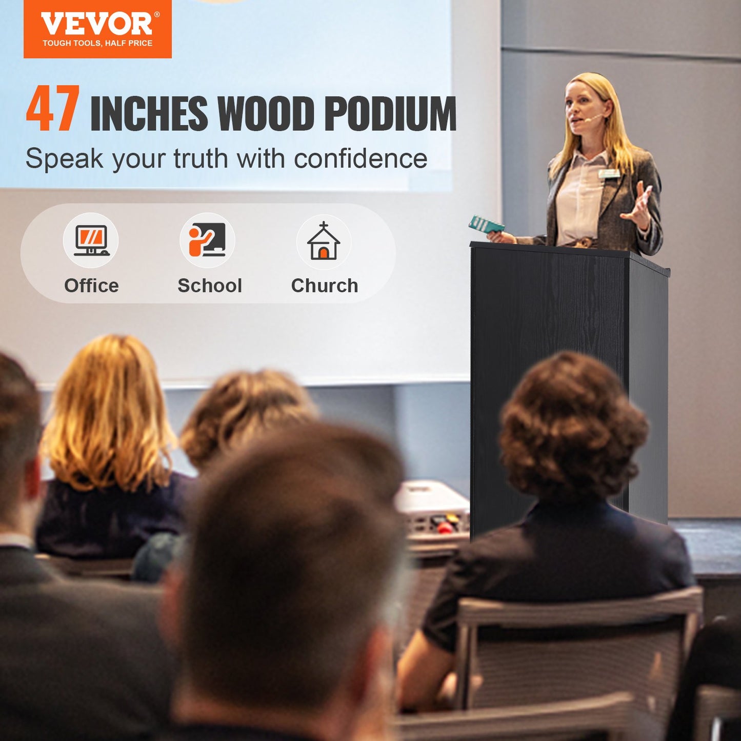 Rednerpultständer, 47 Zoll Hostessenständer mit 4 Rollen, Holzpodest mit Ablageflächen und schrägem Schreibtisch, Rednerpulte und Podien für Kirche, Büro, Schule, Zuhause, Schwarz