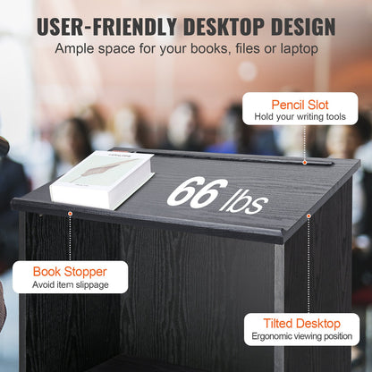 Rednerpultständer, 47 Zoll Hostessenständer mit 4 Rollen, Holzpodest mit Ablageflächen und schrägem Schreibtisch, Rednerpulte und Podien für Kirche, Büro, Schule, Zuhause, Schwarz