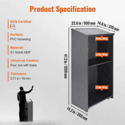 Rednerpultständer, 47 Zoll Hostessenständer mit 4 Rollen, Holzpodest mit Ablageflächen und schrägem Schreibtisch, Rednerpulte und Podien für Kirche, Büro, Schule, Zuhause, Schwarz