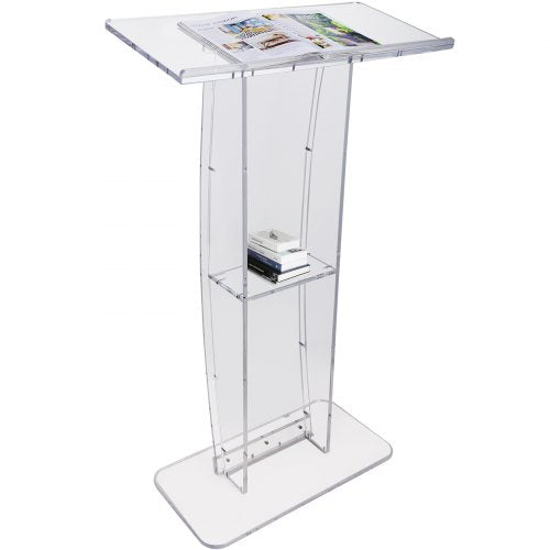 Acrylic Podium, 47" Clear Acrylic Podium Stand with Wide Reading Surface & Storage Shelf, Floor-standing Clear Pulpits Acrylic for Church Office School