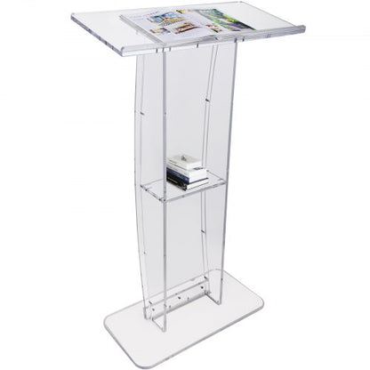 Acrylic Podium, 47" Clear Acrylic Podium Stand with Wide Reading Surface & Storage Shelf, Floor-standing Clear Pulpits Acrylic for Church Office School