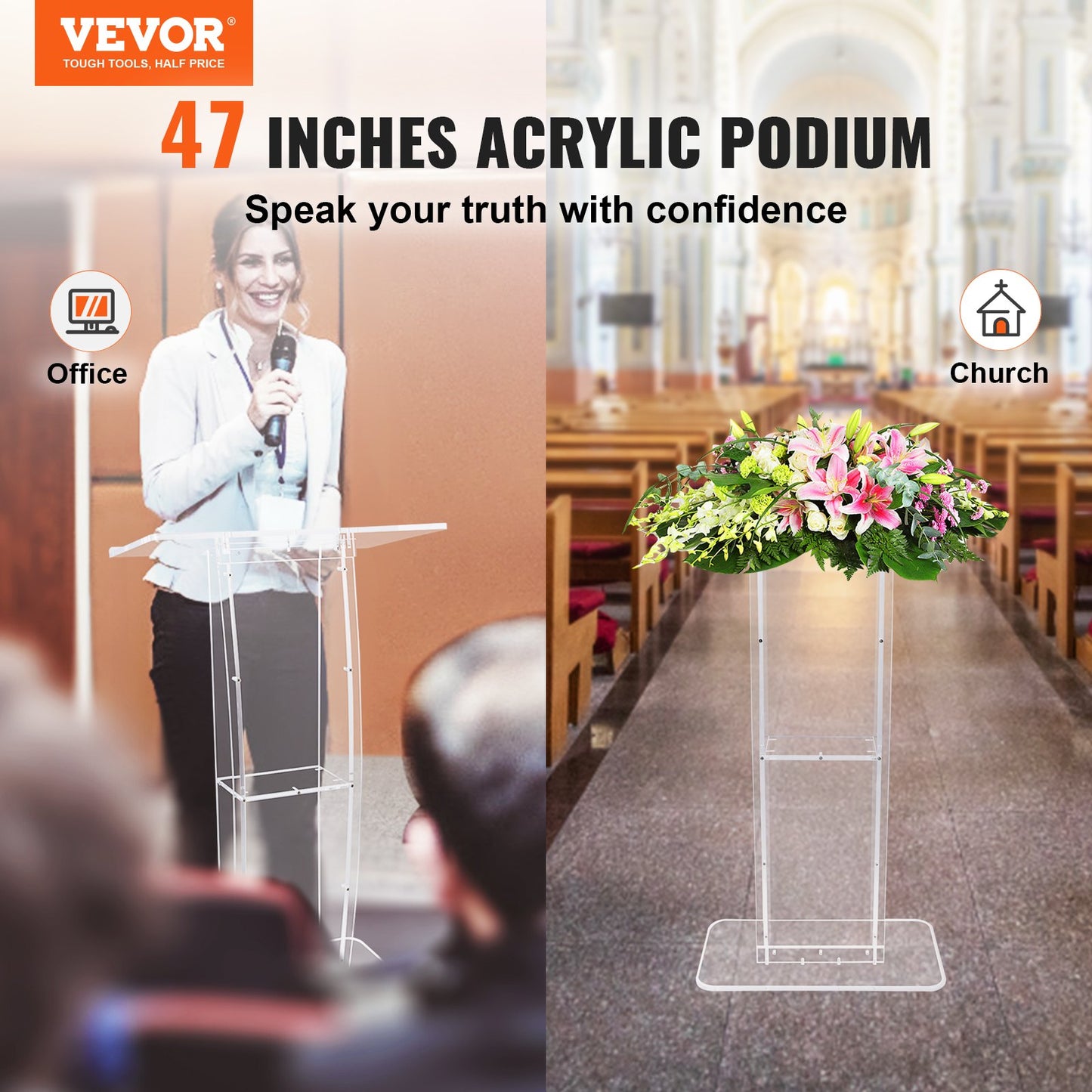 Acrylic Podium, 47" Clear Acrylic Podium Stand with Wide Reading Surface & Storage Shelf, Floor-standing Clear Pulpits Acrylic for Church Office School