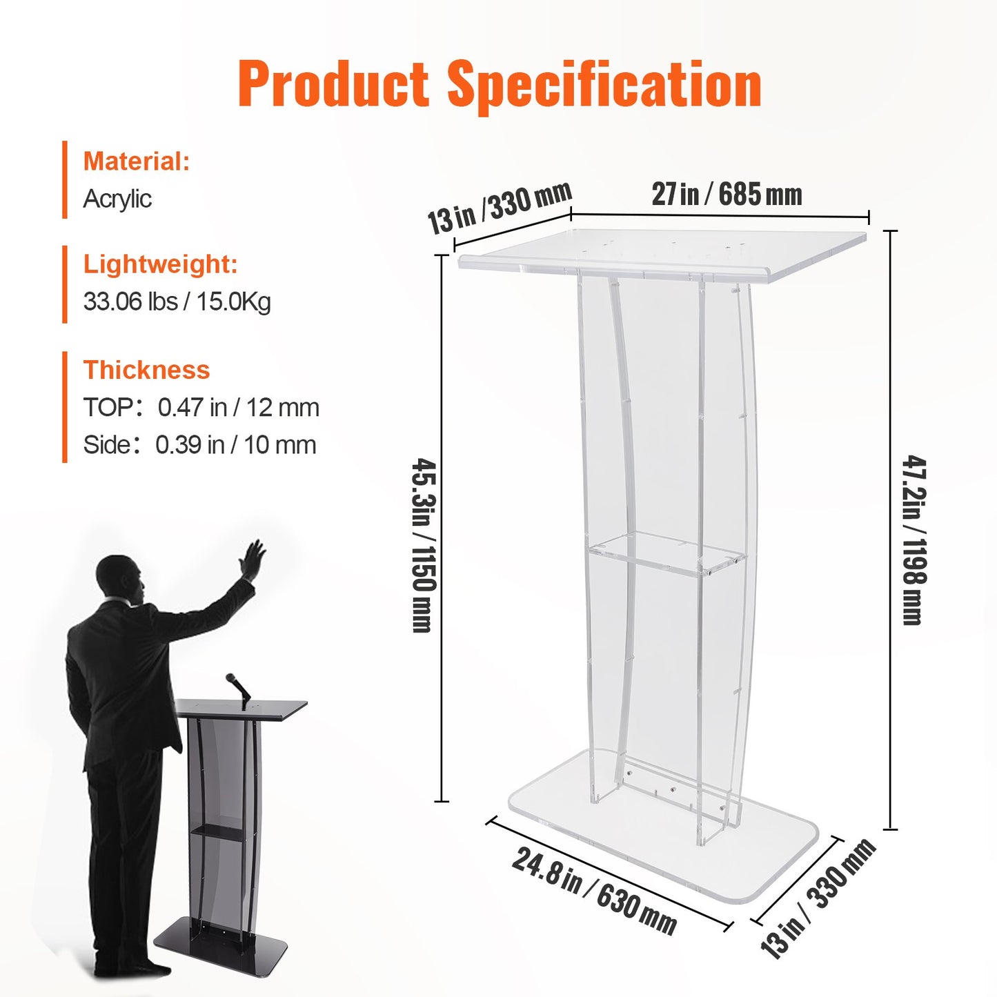 Acrylic Podium, 47" Clear Acrylic Podium Stand with Wide Reading Surface & Storage Shelf, Floor-standing Clear Pulpits Acrylic for Church Office School