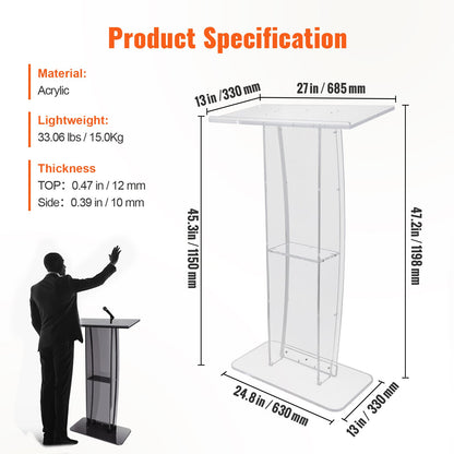 Acrylic Podium, 47" Clear Acrylic Podium Stand with Wide Reading Surface & Storage Shelf, Floor-standing Clear Pulpits Acrylic for Church Office School