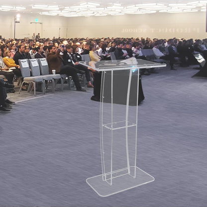 Acrylic Podium, 47" Clear Acrylic Podium Stand with Wide Reading Surface & Storage Shelf, Floor-standing Clear Pulpits Acrylic for Church Office School