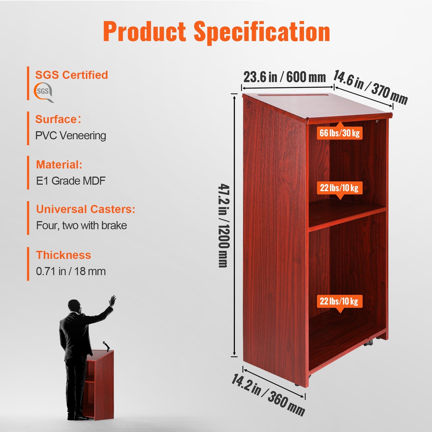 Podium Stand, 47 i Hostess Stand med 4 rullande hjul, Wood Podium med förvaringshyllor och snedställda skrivbord, talarstolar och podier för kyrka, kontor, skola, hem, brun