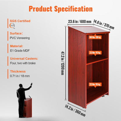 Podium Stand, 47 i Hostess Stand med 4 rullande hjul, Wood Podium med förvaringshyllor och snedställda skrivbord, talarstolar och podier för kyrka, kontor, skola, hem, brun