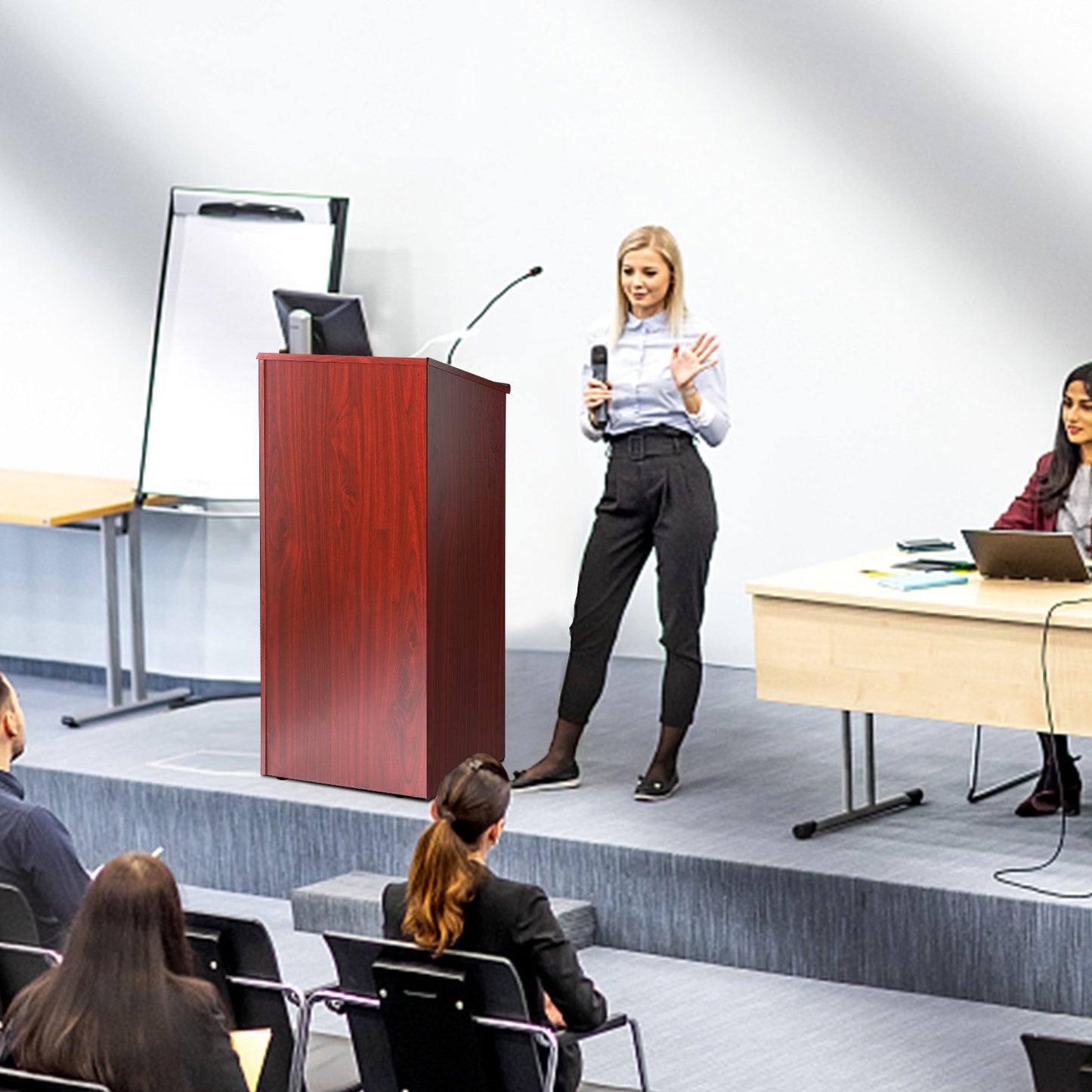 Podium Stand, 47 inch Hostess Stand with 4 Rolling Wheels, Wood Podium with Storage Shelves and Slant Desktop, Lecterns & Podiums for Home, Office, School, Church, Brown