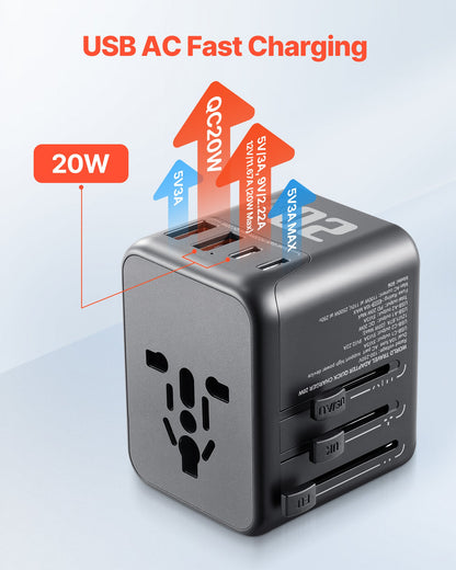 Universal Travel Adapter, 5-in-1, International European Power Adapter with 2 USB-C, 2 USB-A Ports, 1 AC Outlet, 4 Different Plugs, Worldwide Plug Adaptor Wall Charger, for Europe UK EU AUS USA