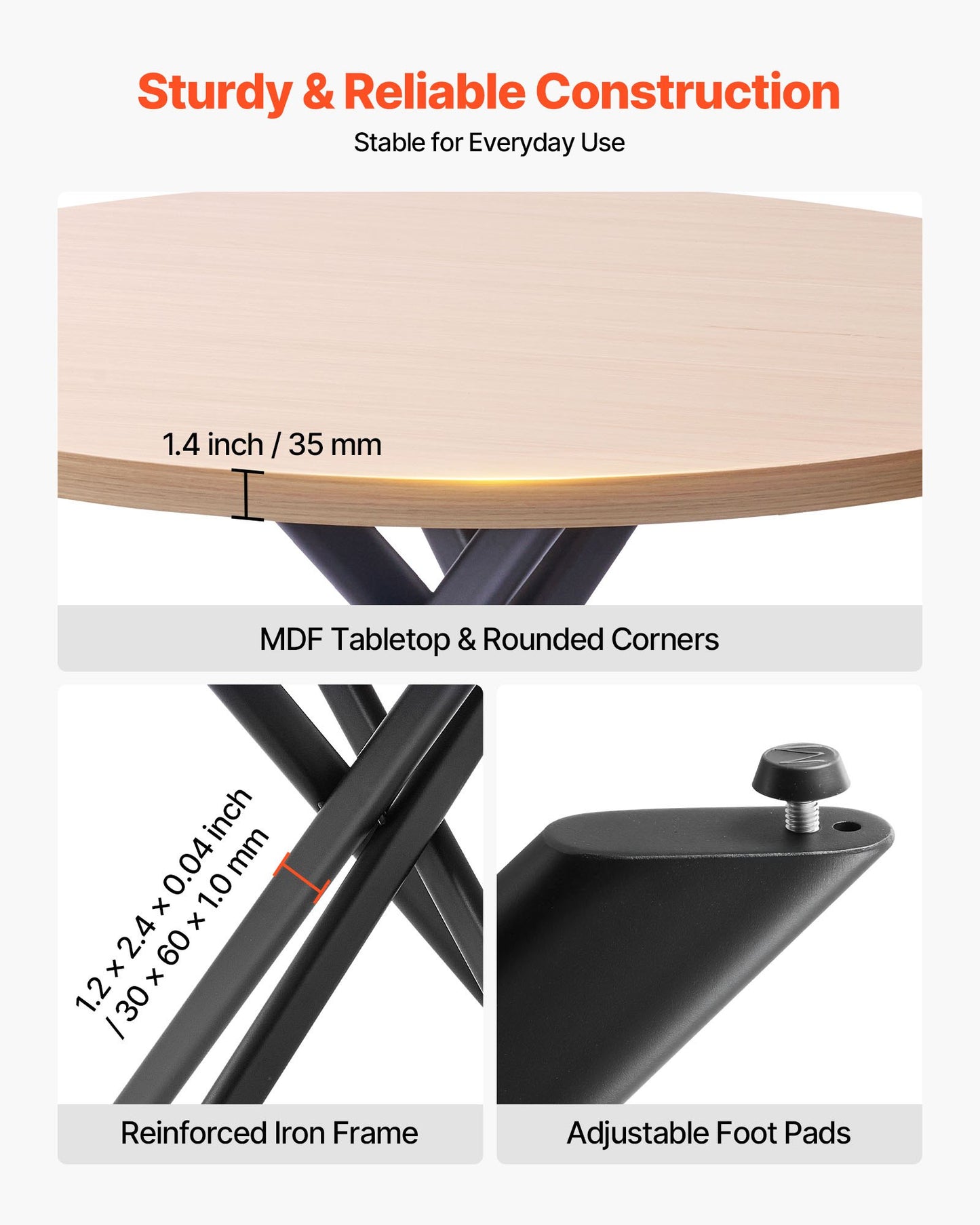 5-Piece Dining Table Set, Space-Saving Round Kitchen Table with 4 Upholstered Orange Chairs, PU Leather Cushions, Modern Wood-Tone Desk with Adjustable Foot Pads for Dining Room, Small Spaces