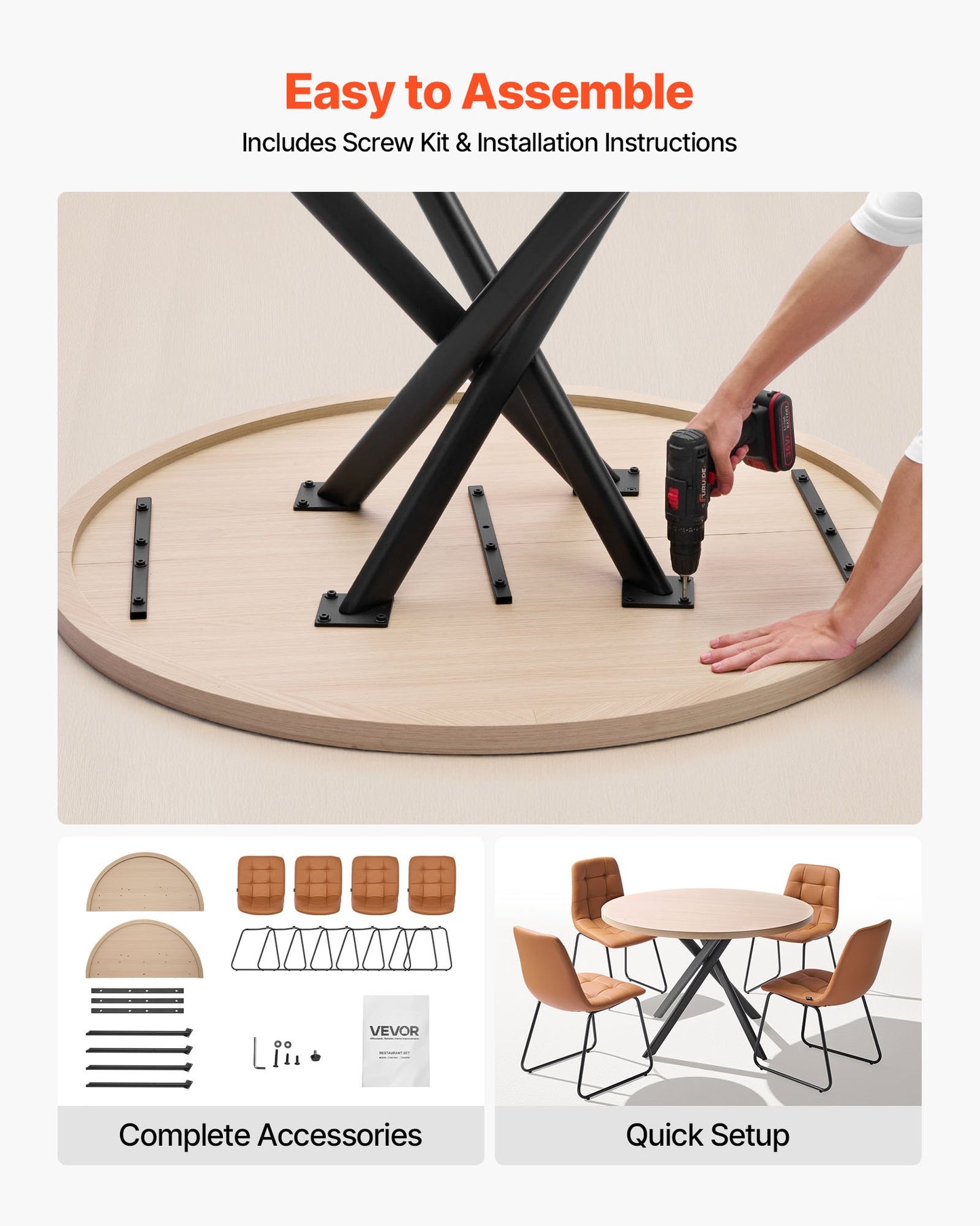 5-Piece Dining Table Set, Space-Saving Round Kitchen Table with 4 Upholstered Orange Chairs, PU Leather Cushions, Modern Wood-Tone Desk with Adjustable Foot Pads for Dining Room, Small Spaces