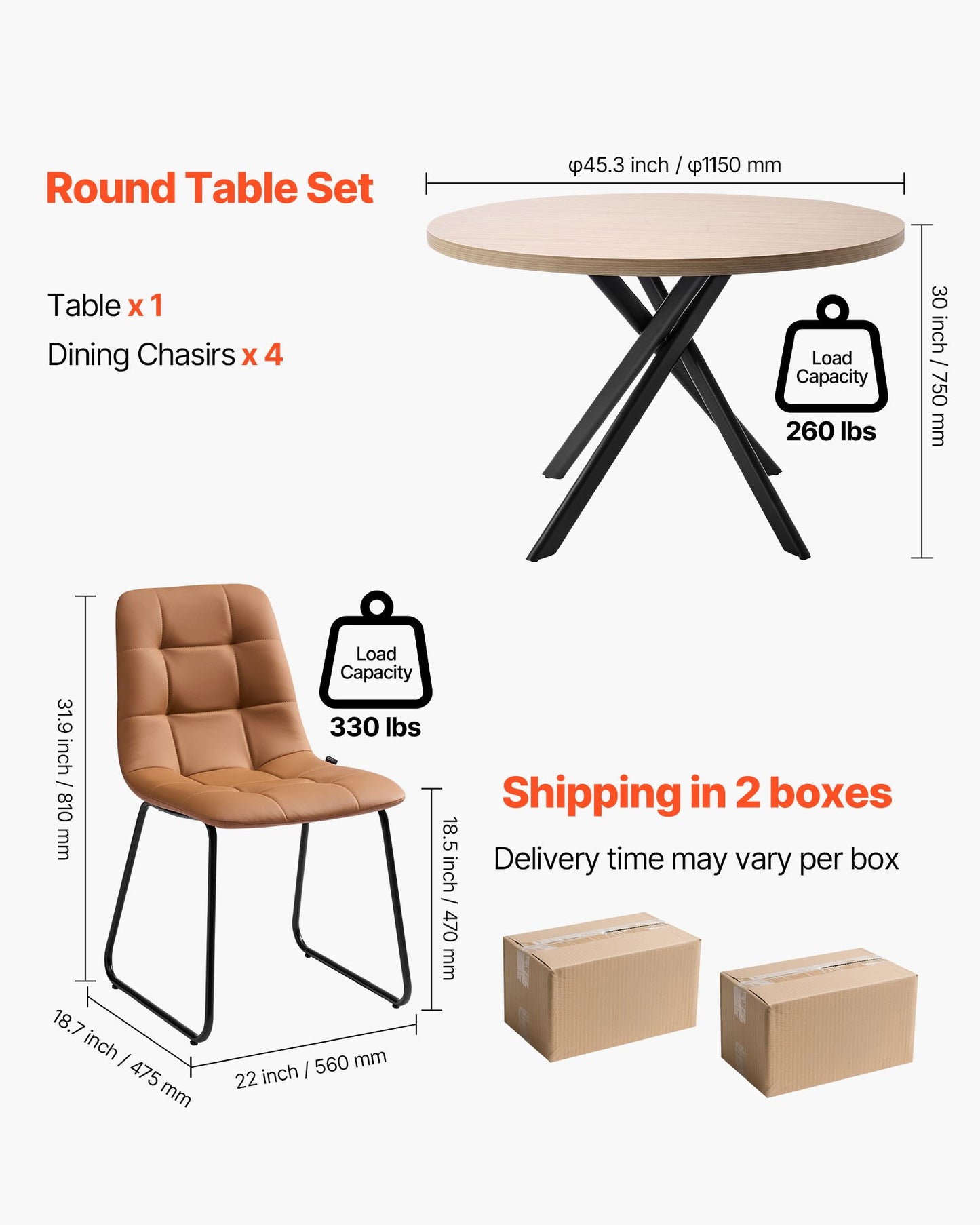 5-Piece Dining Table Set, Space-Saving Round Kitchen Table with 4 Upholstered Orange Chairs, PU Leather Cushions, Modern Wood-Tone Desk with Adjustable Foot Pads for Dining Room, Small Spaces