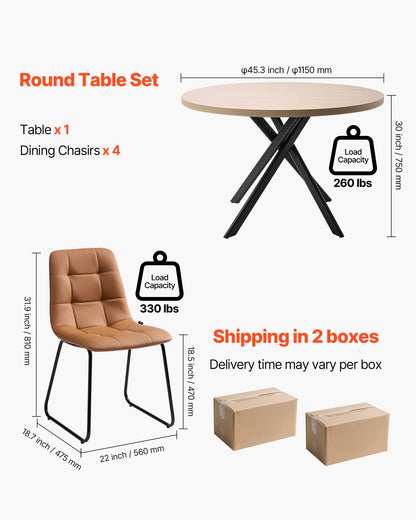 5-Piece Dining Table Set, Space-Saving Round Kitchen Table with 4 Upholstered Orange Chairs, PU Leather Cushions, Modern Wood-Tone Desk with Adjustable Foot Pads for Dining Room, Small Spaces